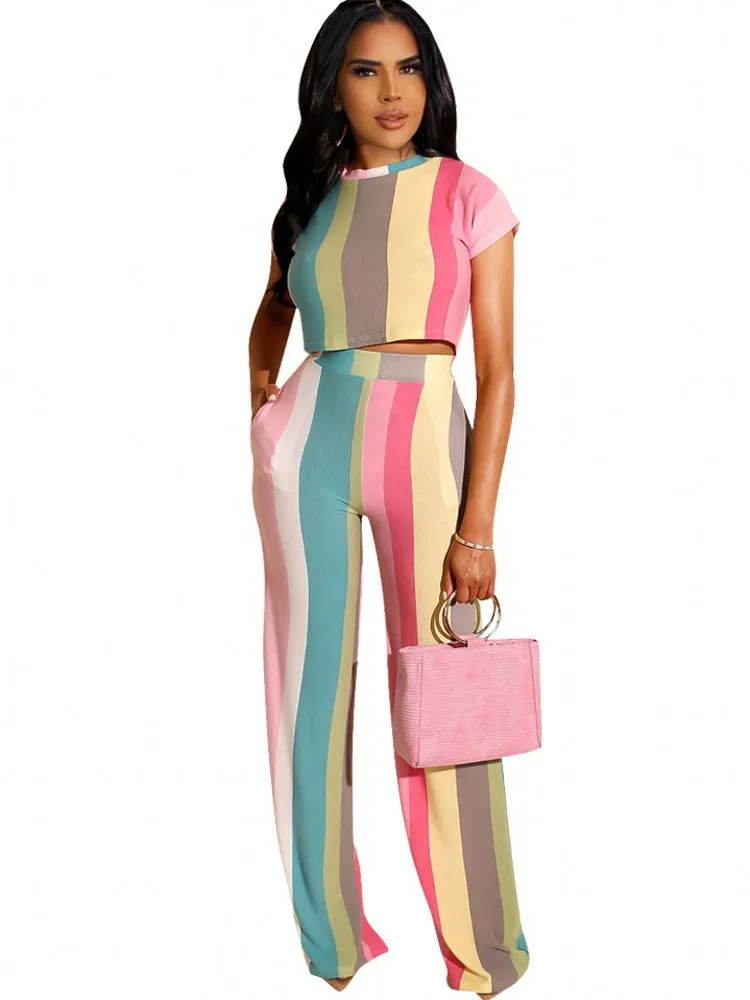 

2022 Sports Two Piece Set Women Round Neck Short Sleeve T-Shirt Colorful Striped Wide Leg Pants Lady Matching Sets Summer Suit