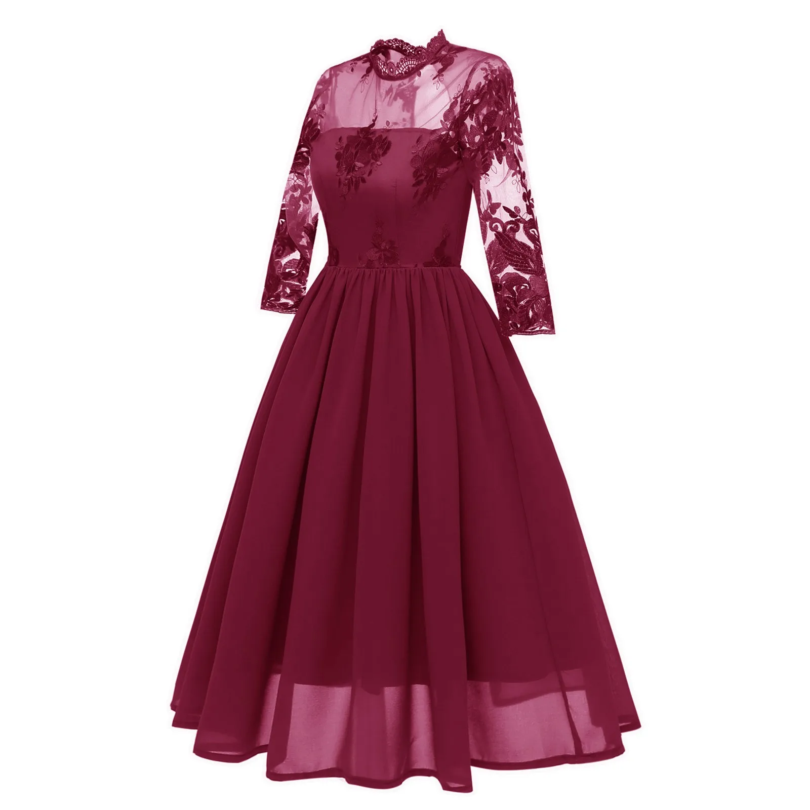 

Autumn Women Dress Chiffon 3/4 Sleeve Mesh Sexy Hollow Out Robe Gown Big Swing Retro Casual Party 50s 60s Vintage Dress