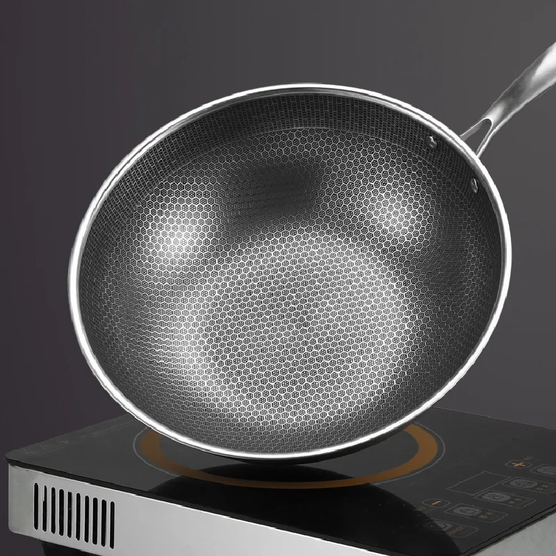 

430 Stainless Steel Wok Skillet Thick Honeycomb Handmade Frying Pan Non-Stick Non Rusting Gas/Induction Cooker kitchen cook