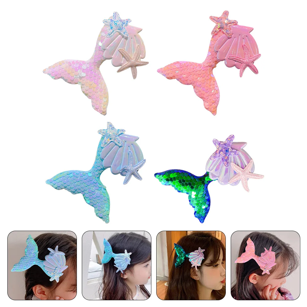 

4 Pcs Seashell Decor Mermaid Hair Bow Satin Ribbon Hair Bow Glitter Hair Clip Decorative Hairpins Mermaid Party