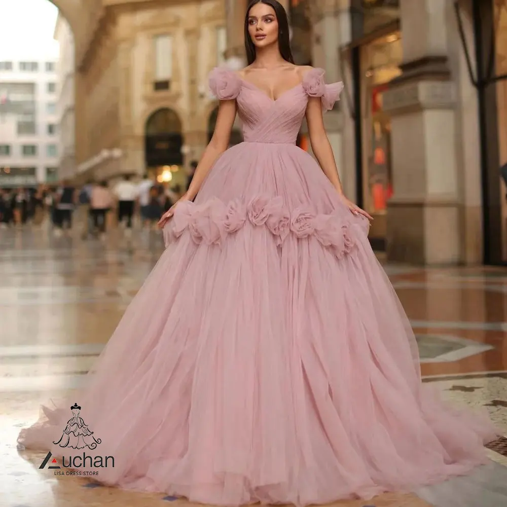 

Auchan Lisa Pink Off V-Neck The Shoulder Prom Evening Dress Floor Length Summer Elegant Wedding Party Gowns For Women 2023