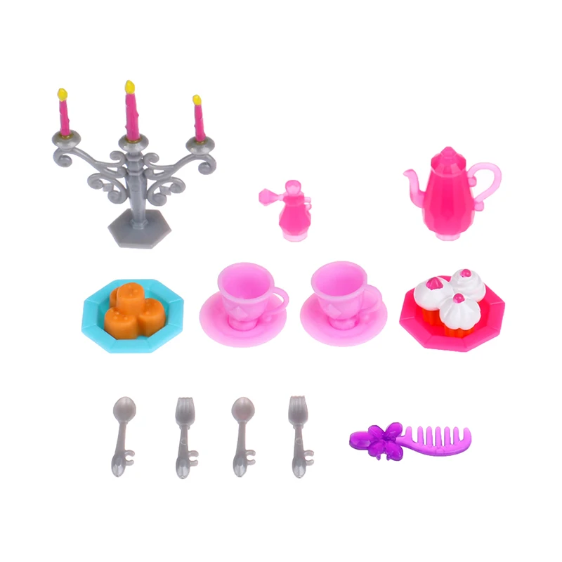 

14pcs/Set Dollhouse Miniature Spoon Fork Cup Kettle Comb Candlestick Dessert Dining Table Kitchen Decor Toy Doll Accessories