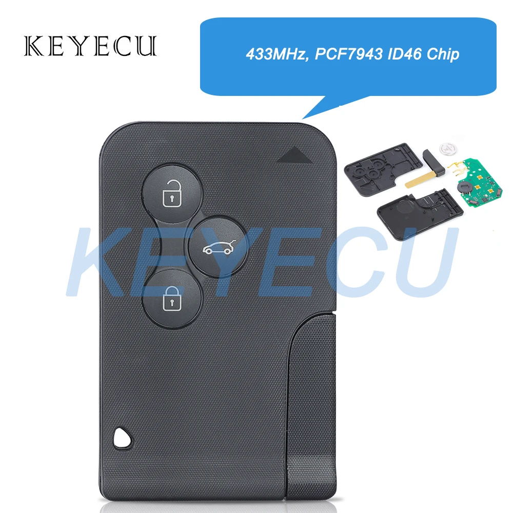 Keyecu 433 МГц ID46 PCF7943 Чип Keyless Go Hands Free Smart Remote Car Key Fob 3 кнопки BCM для Renault Megane 2 Scenic Clio