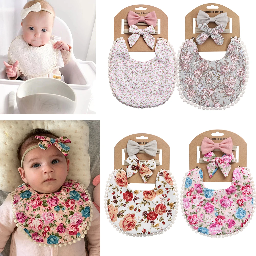 

2Pcs/3Pcs/Set Baby Headbands Tassel Saliva Towel Floral Double Side Bibs Boys Girls Bandana Feeding Burp Cloths Nylon Hairbands