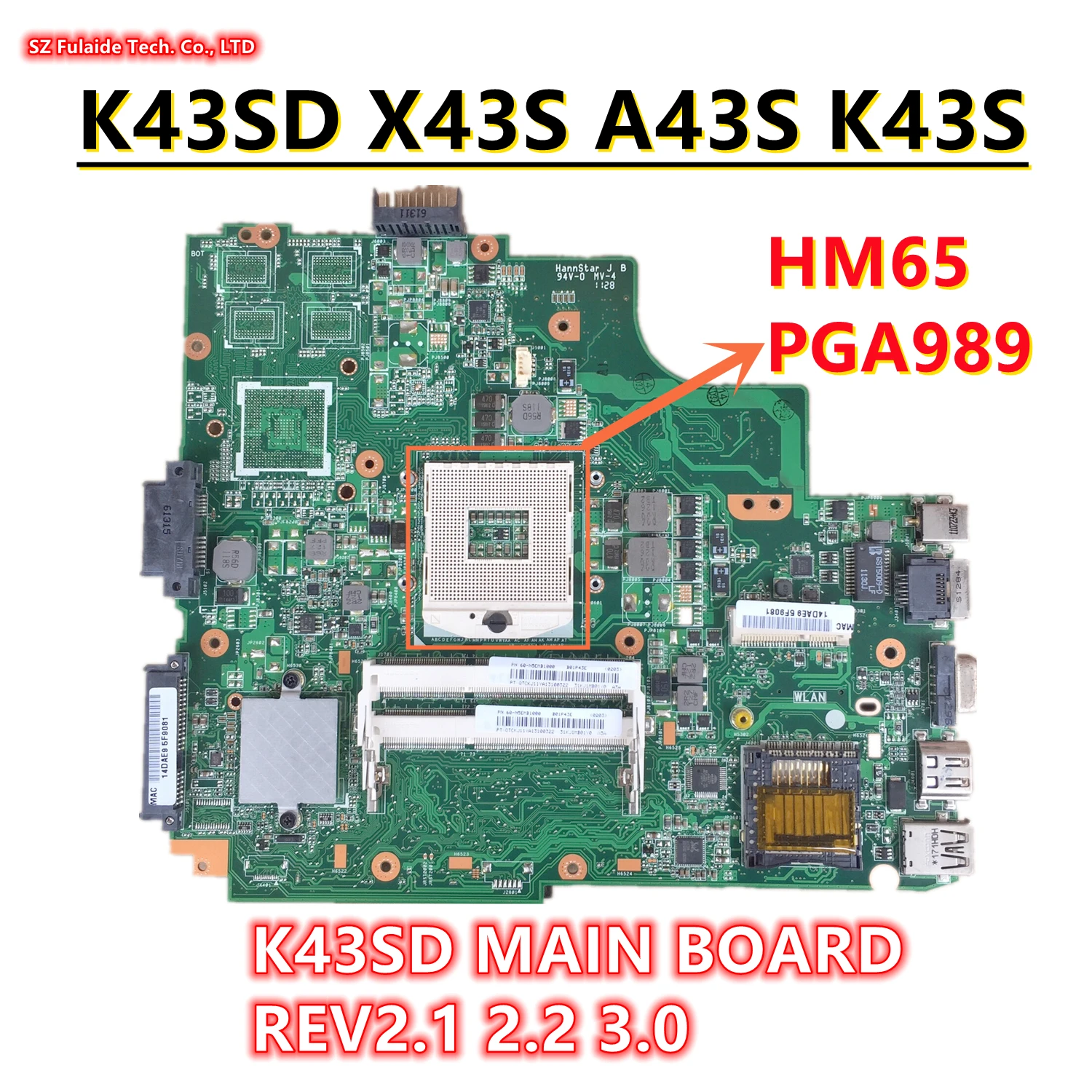 Материнская плата K43SD REV2.1 2,2 3,0 для ноутбука ASUS K43E K43SD A43E P43E, материнская плата HM65 PGA989 100%