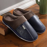 leather upper slippers for men winter warm thick bottom home indoor shoes women cotton slippers waterproof bedhroom shoes