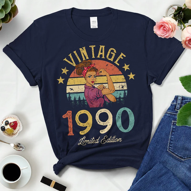 

Vintage 1990 Limited Edition Women T Shirt 32nd 32 Years Old Birthday Mother Mom Wife Gift Cotton Black T-shirt Ladies Clothes