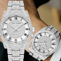 bling bling luxury men quartz watch full diamond roman numeral dial gold rhinestone stainless steel strap business gift for man