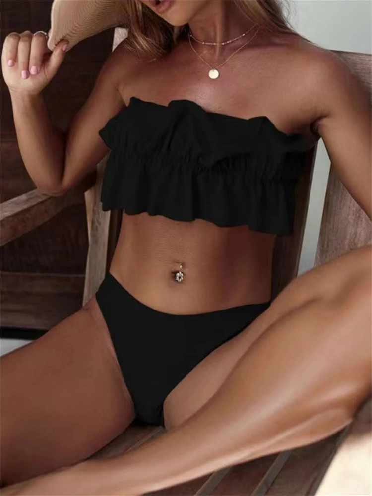 Женский купальник-бикини новинка 2024 однотонный комплект бикини с рюшами и