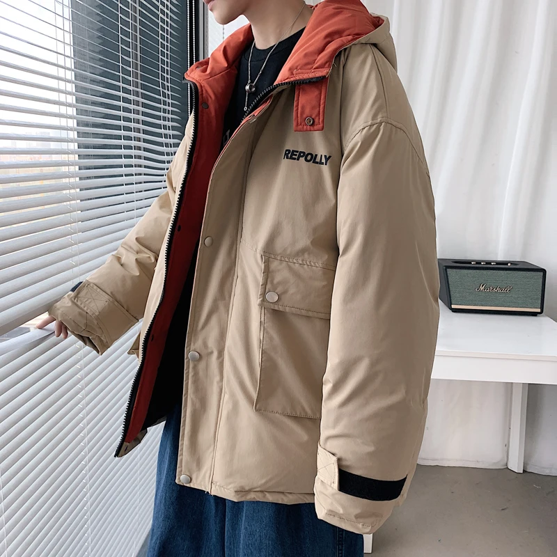 Mens Loose Fit Cargo Padded Coat with Hood 2020 Fashion Trend Fluffy Puffer Jacket for Men Winter Oversized Harajuku Streetwear