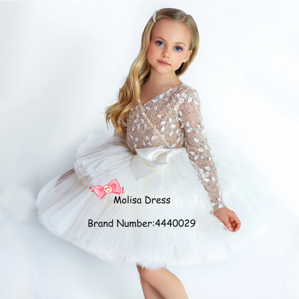 

Exquisite Flower Girl Dress V-Neck Full Sleeves Party Dress Tulle Ball Gown With A Bow Above Knee Vestido De Fiesta De Boda