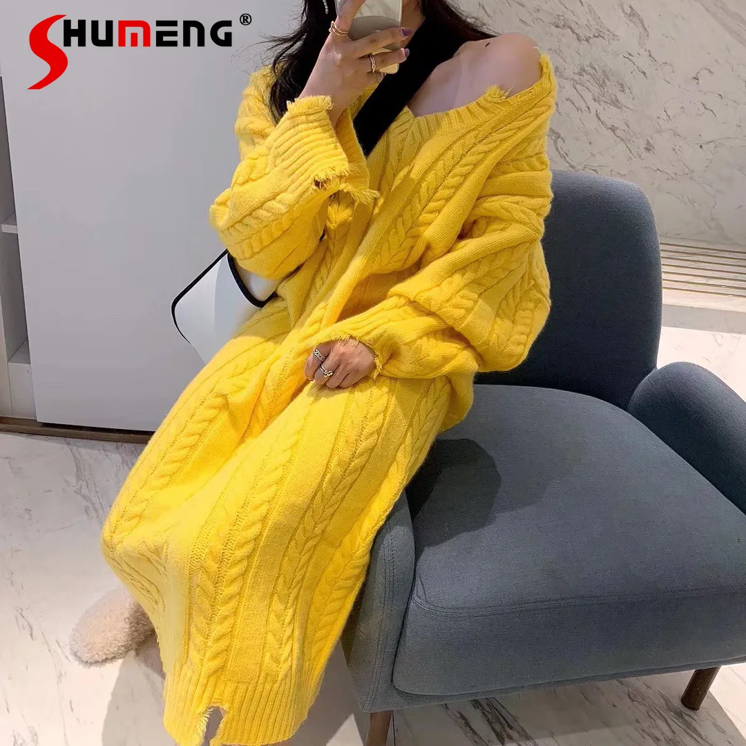 

Korean Fashion Knitted Dress Women Loose Oversized V-neck Long Sleeve Pullover Thicken Long Sweater Dress Autumn Winter Clothes