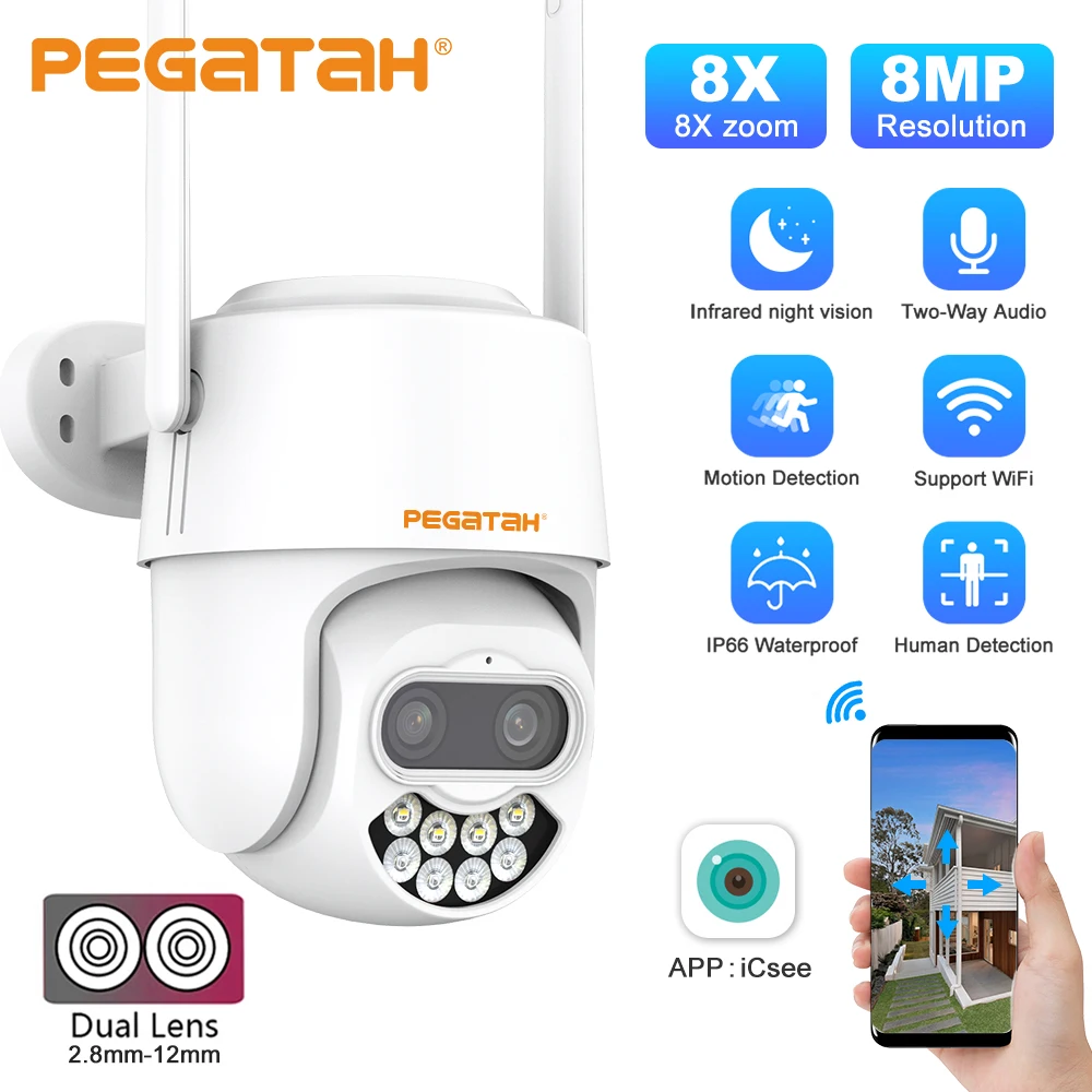 

PEGATAH 8MP 4K Dual Lens Wifi PTZ IP Camera 8X Hybrid Zoom Outdoor AI Human Detection Audio CCTV Security Video Surveillance Cam