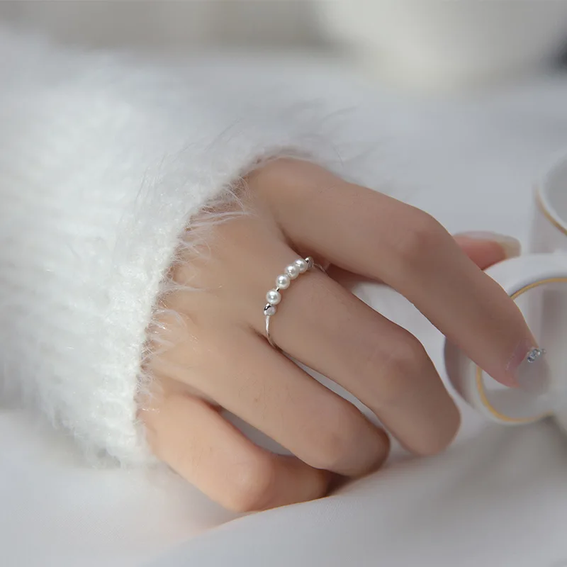 

S925 Silver Ring Female Light Bead Open Bead Synthetic Pearl Sweet Bracelet Wedding Ring Women Jewelry