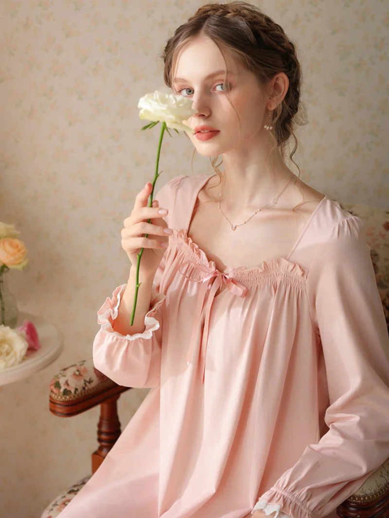 Women Lingerie Vintage Nightie Princess Dresses Cotton Loose Nightdress Ruffle Lace Long Sleeve Sleepwear Nightgown Home Clothes