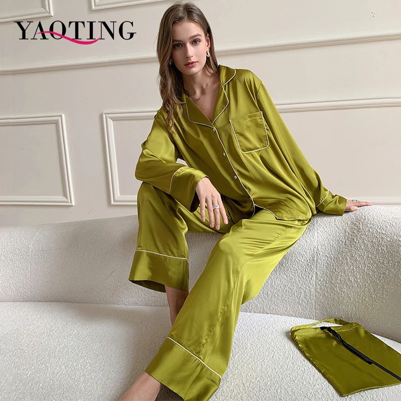 

YAOTING Spring/Autumn New Satin Solid long-sleeved trousers ladies pajamas suit simple style long pajamas women's home service