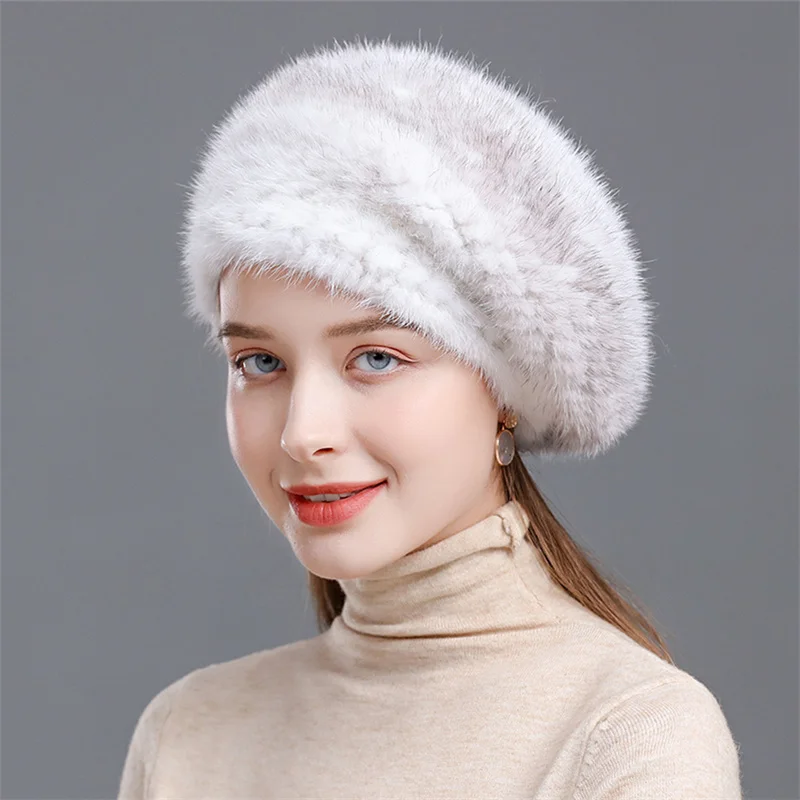 2022 Winter Fur Beret Fluffy Mink Knitted Earwarmers Russian Fur Women Girl Fur Headband Hat Winter Outdoor Earmuffs Ski Hat Hot