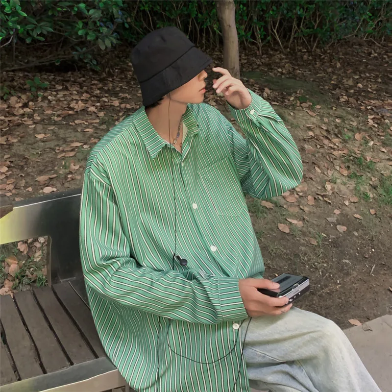 Autumn Long Sleeve Shirts Men Fashion Oversized Casual Shirts Men Korean Loose Striped Shirts Mens Ice Silk Shirts M-2XL