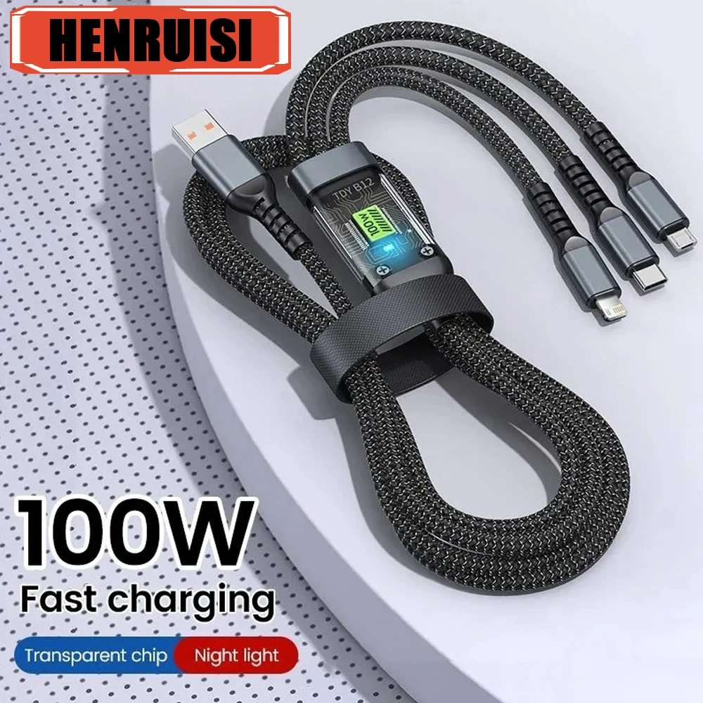 3 в 1 100 Вт прозрачный кабель для быстрой зарядки Тип C USB Micro iPhone 15 Samsung Huawei Pilot Lamp
