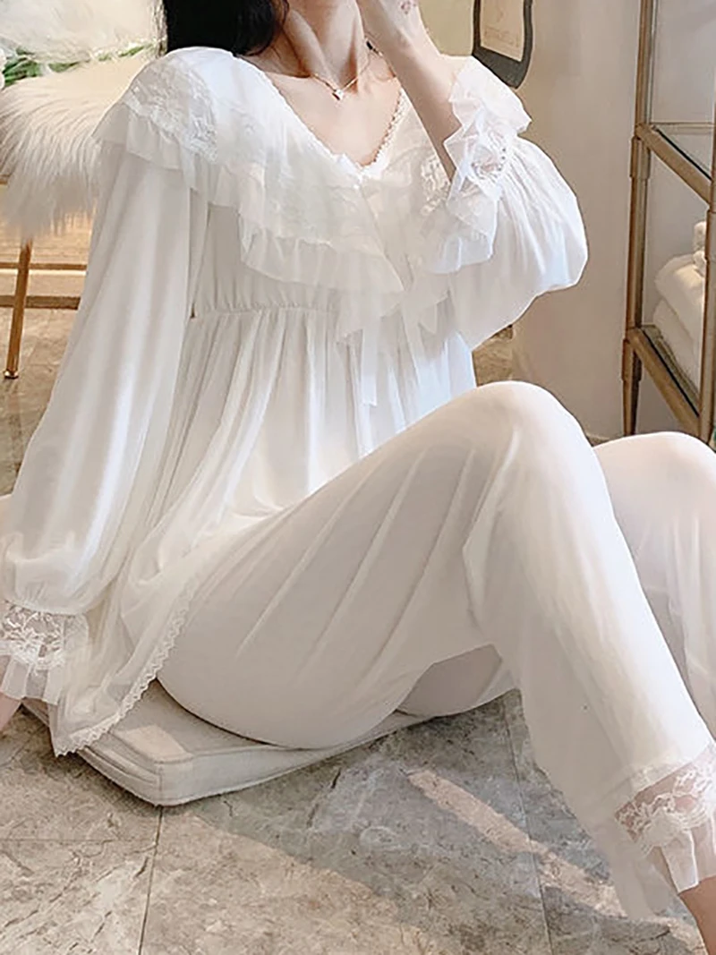 Women Female Fairy Ruffles Modal Lace Victorian Pajamas Loungewear Two Piece Suits Lolita Vintage Princess Nightgowns Sleepwear