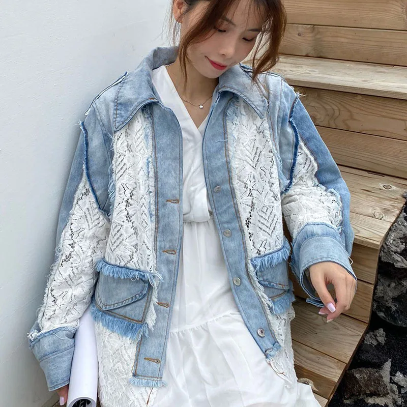 

Spring Vintage Lace Frayed Burrs Splicing Denim Jacket Women Autumn Blue Short Coat Casual Long Sleeve Jaqueta Jeans Feminina