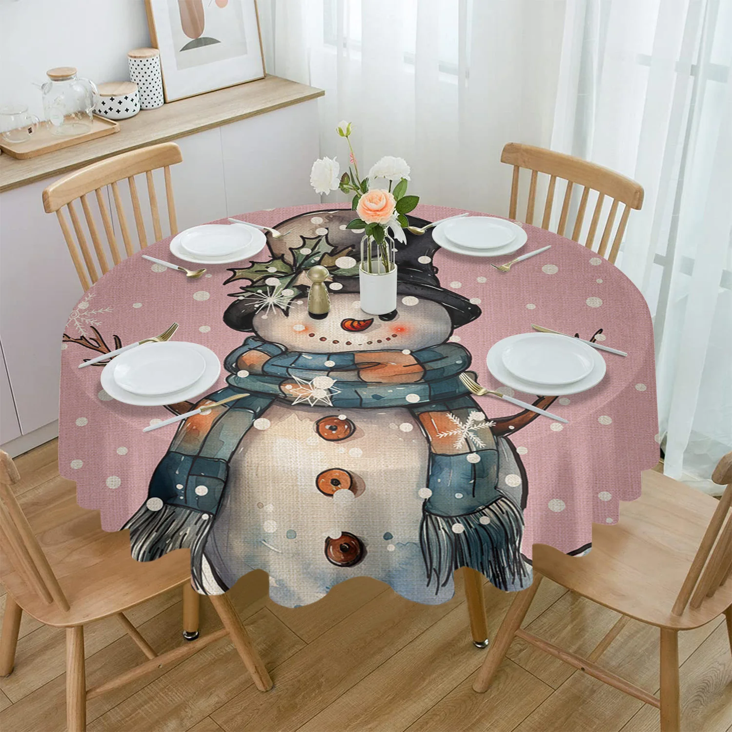 

Скатерть круглая с рождественскими снежинками, снеговиками, водонепроницаемая скатерть на стол для свадебной вечеринки, скатерть на рождественский обеденный стол