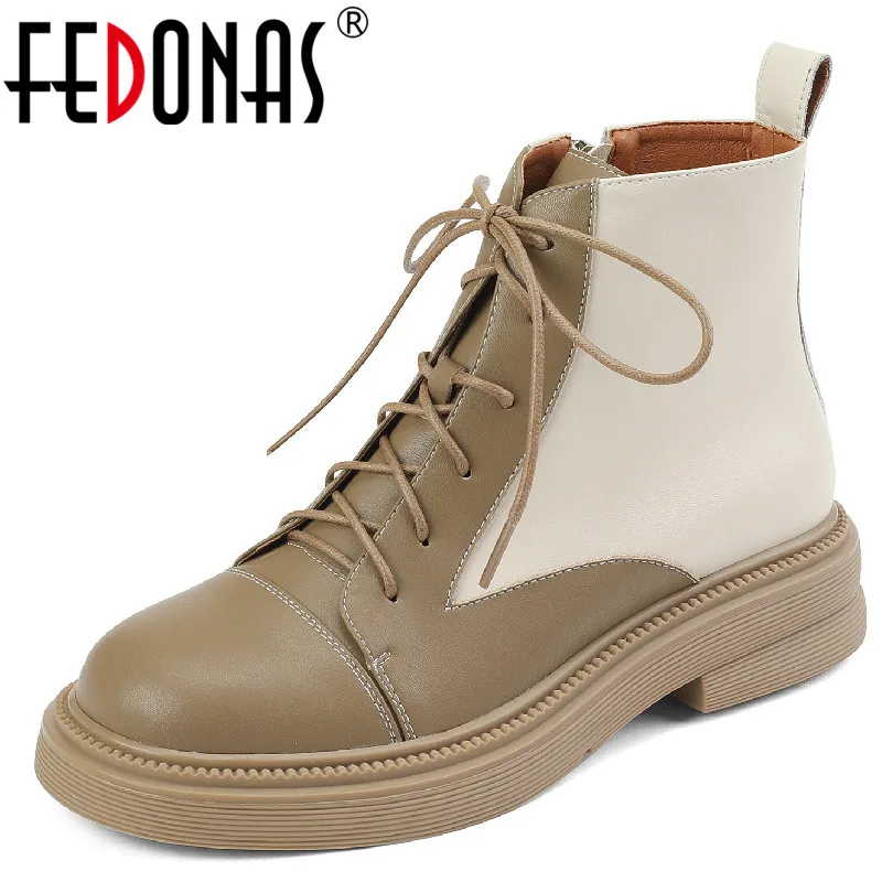 

FEDONAS Mixed Colors Genuine Leather Women Ankle Boots Outdoor Leisure Fashion Cross-Tied Thick Heels Shoes Woman Autumn Winter