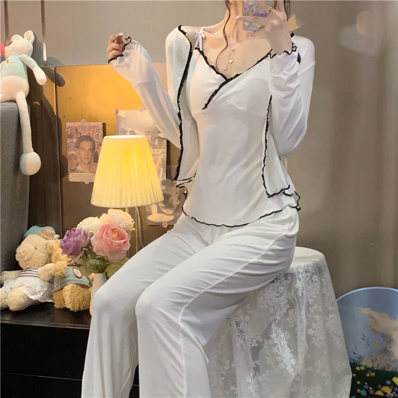 Sexy Lace Spring Pajama 3 Piece Sets Women Plus Size M-3XL Chic Elegant Tender Patchwork Long Sleeve Pockets Sleepwear Soft