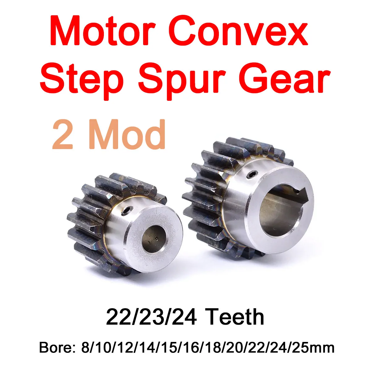 

1Pc 2Mod Spur Gear 22/23/24 Teeth Motor Gear With Step Bore 8/10/12/14/15/16/18/20/22/24/25mm Round&Keyway Transmission Gears