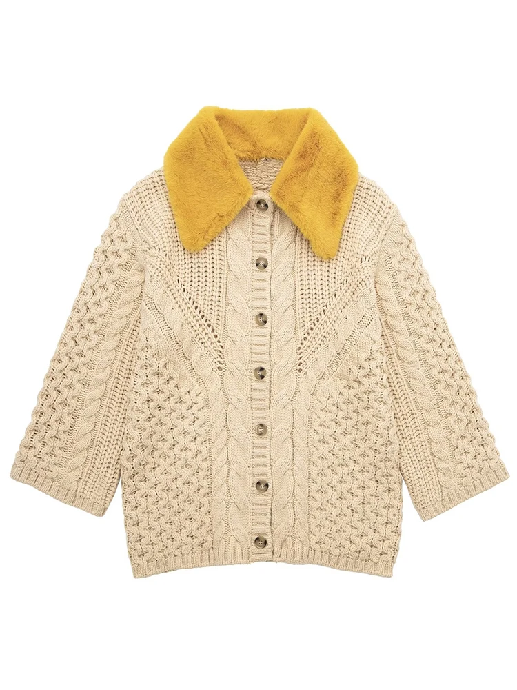 

YENKYE 2022 Women Single Breasted Cable Knit Cardigan Faux Fur Turn-down Collar Female Winter Loose Sweater Coat