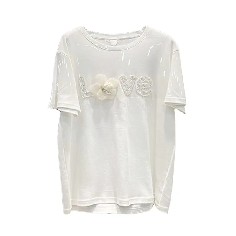 

Женская свободная футболка с коротким рукавом, белая свободная футболка большого размера с цветочным принтом и бусинами, Y2K, Летний сезон