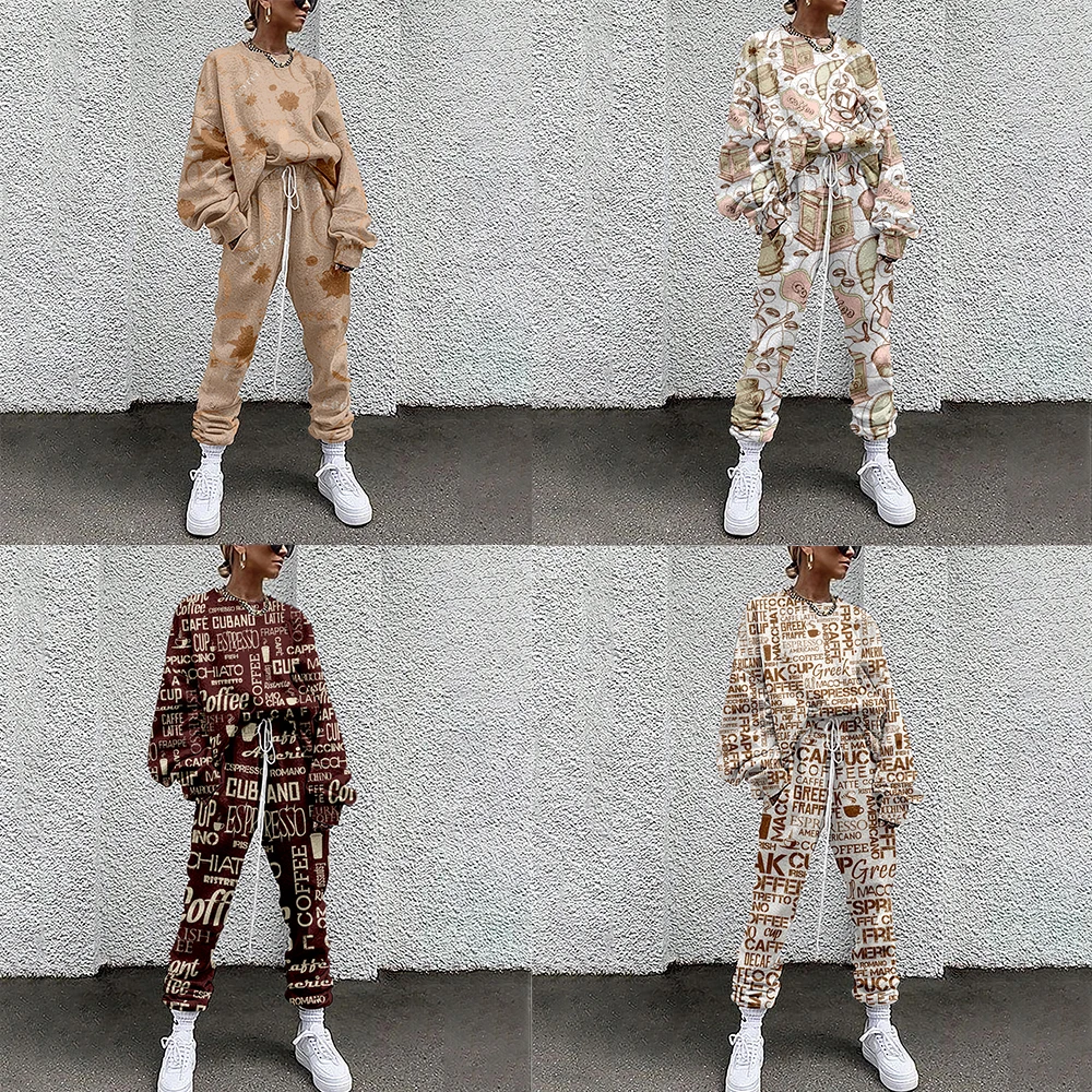 

Women's Sportswear Two-Piece Coffee Print Sportswear Casual Sweater + Pants Women's Sportswear