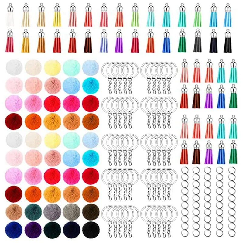 

Key Chain, 200Pcs Pompoms Keychain Set, Fluffy Soft And Comfortable - Include Pom Pom, Tassel, Open Jump Ring, Key Chain