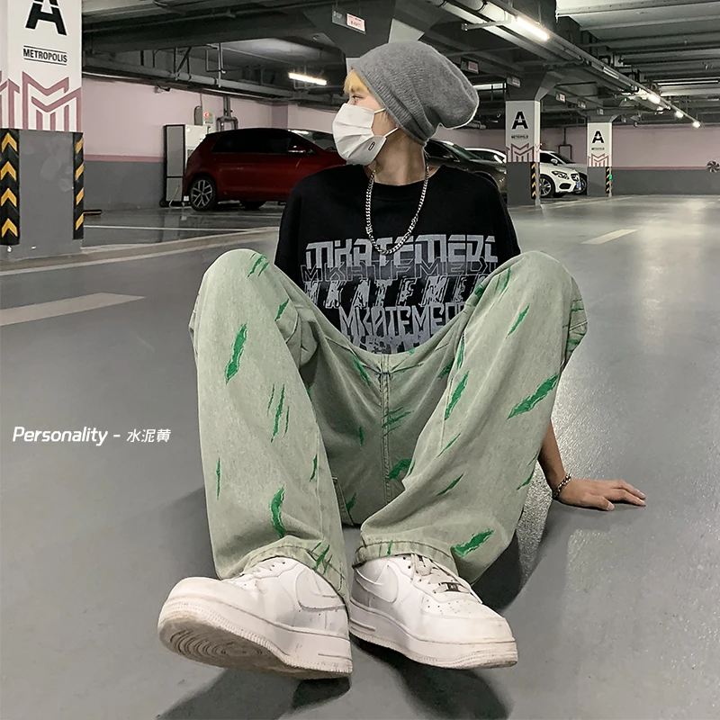 Men Street Dance Wide Legs Baggy Jeans Korean Version  Fashion Green Loose Denim Pants Male Rap Hip Hop Jeans Plus Size S-3XL