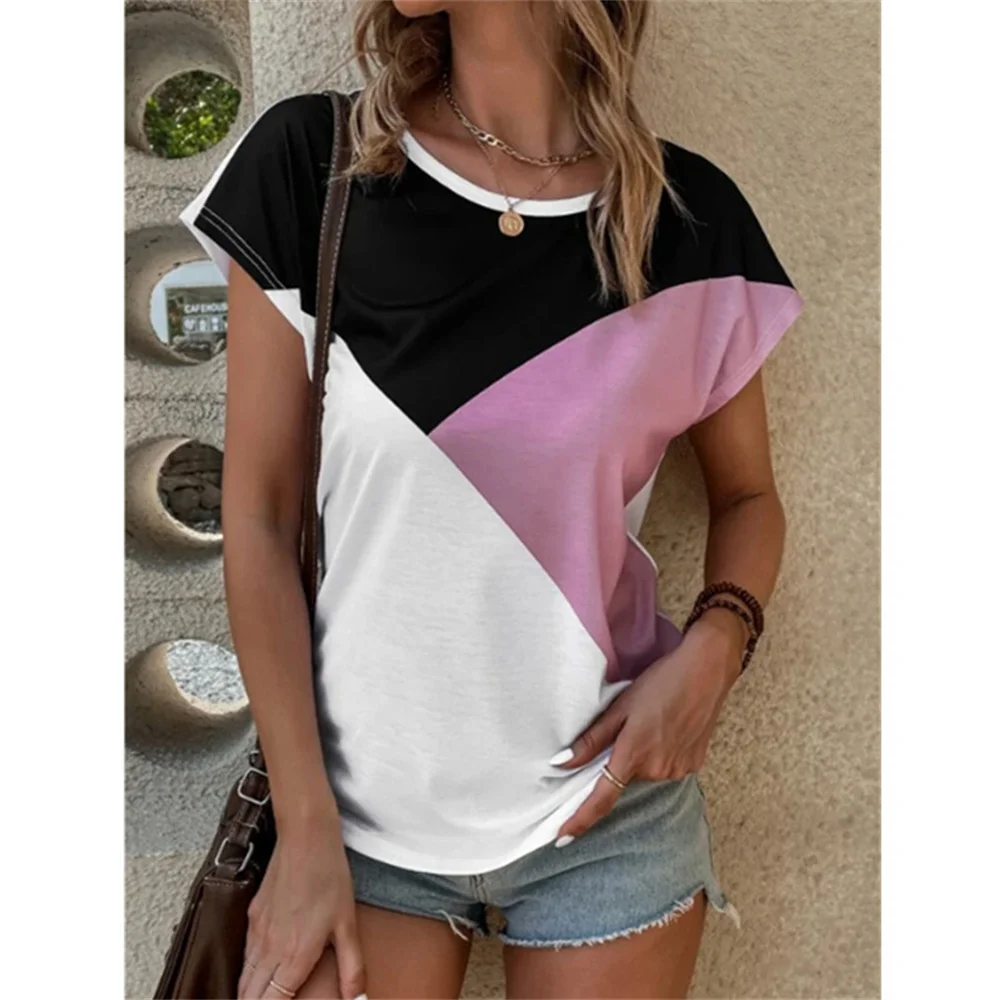 Sexy O Neck Design Women Blouse T-Shirt Casual Loose Patchwork Colour Short Sleeve Top Summer Fashion T-Shirt Female Pullover