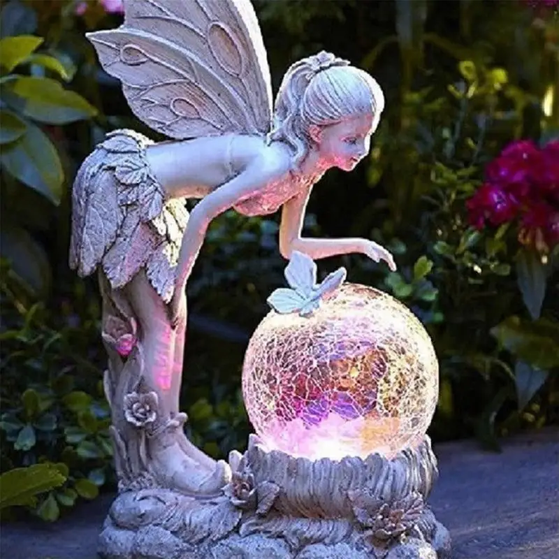 

Сказочная садовая Статуя Ангела на солнечной батарее, украшение для уличного декора, светящаяся сказочная девушка с крыльями, скульптура для газона, двора, патио, крыльца, Декор
