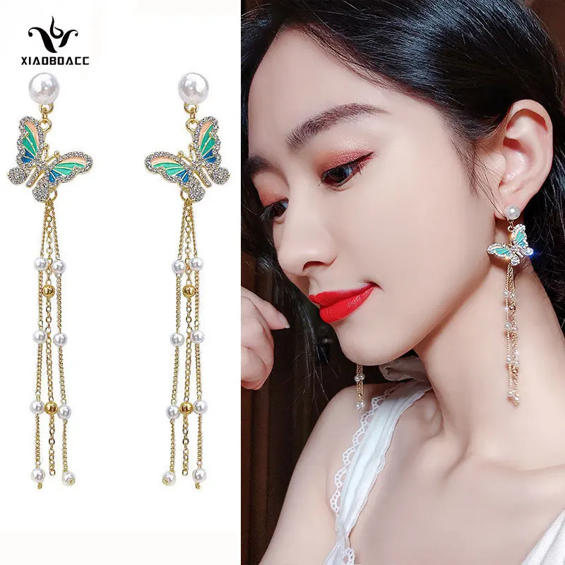 

XiaoboACC S925 Silver Needle Pearl Earrings for Women Long Tassel Butterflry Drop Earrings Jewelry Wholesale