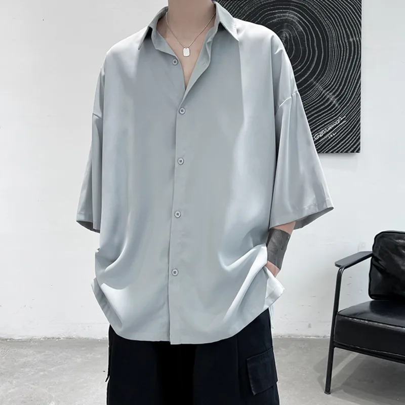 

Half Sleeve Men Solid Shirts Summer Casual Oversize Blouses White Fashion Male Cardigan Vintage Korean Clothing