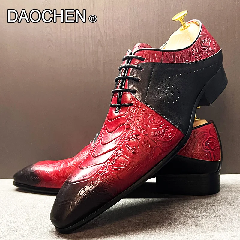 LUXURY BRAND MEN'S REAL LEATHER SHOES RED BLACK LACE UP POINTED TOE PRINTED CASUAL MAN SHOE WEDDING OFFICE OXFORDS SHOES FOR MEN