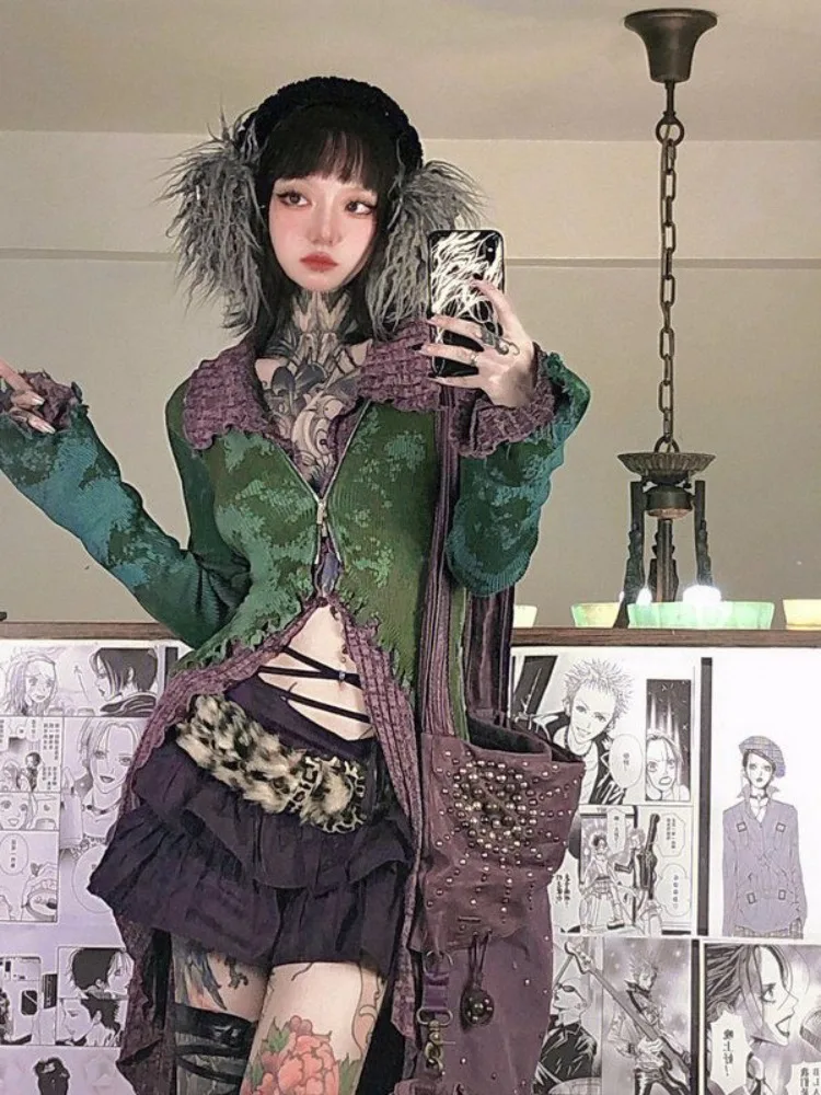 Свитер с высоким воротником и винтажным уличным принтом Y2k облегающие вязаные