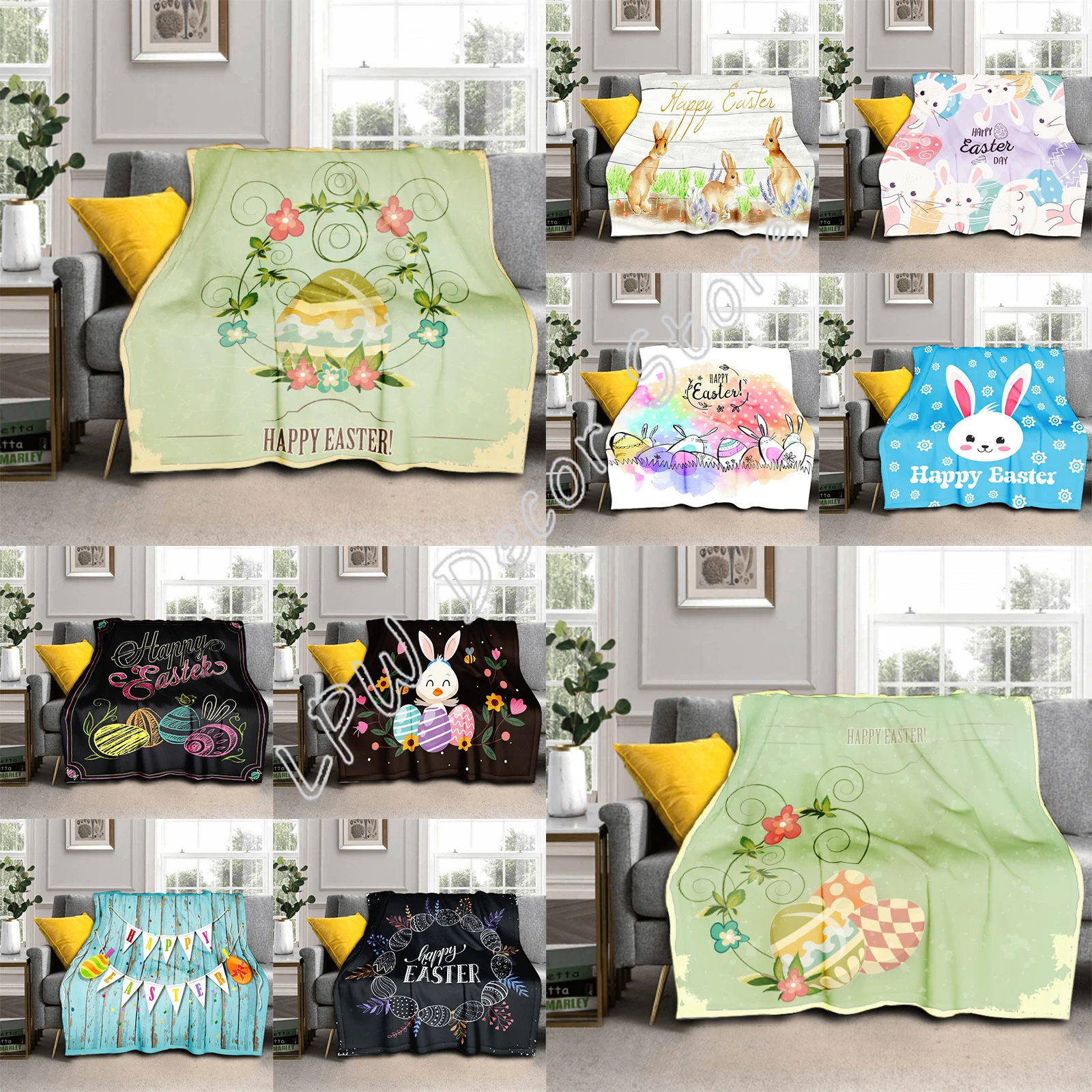 

Пасхальное одеяло Happy Bunny, мягкое одеяло, подарок, уютное плюшевое фланелевое одеяло для кровати, одеяло, весенний цветок, декор для дивана, д...