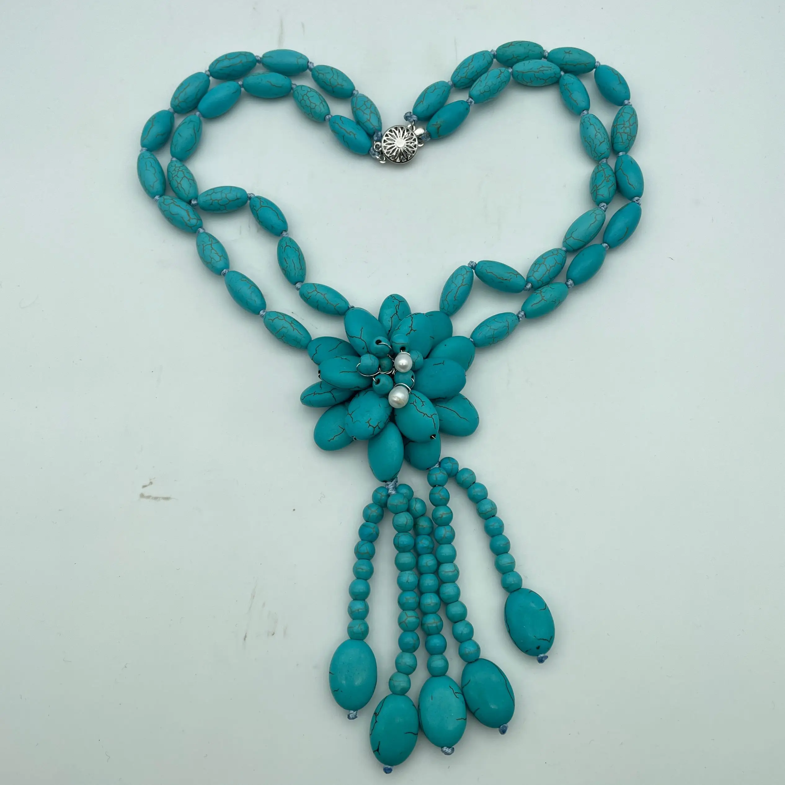 

2strands blue rice round turquoise bead flower necklace 18inch