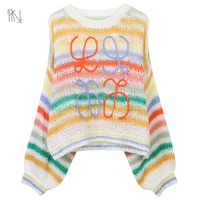 cotton rainbow clash bat long sleeve fall 2022 new women french striped round neck loose pullover knitted jumper free shipping