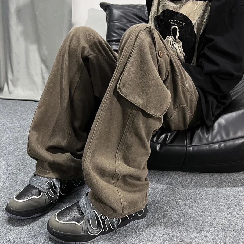 Baggy Jeans Men Fashion Retro Pocket Cargo Jeans Men Japanese Streetwear Hip Hop Loose Straight Denim Pants Mens Trousers S-XL