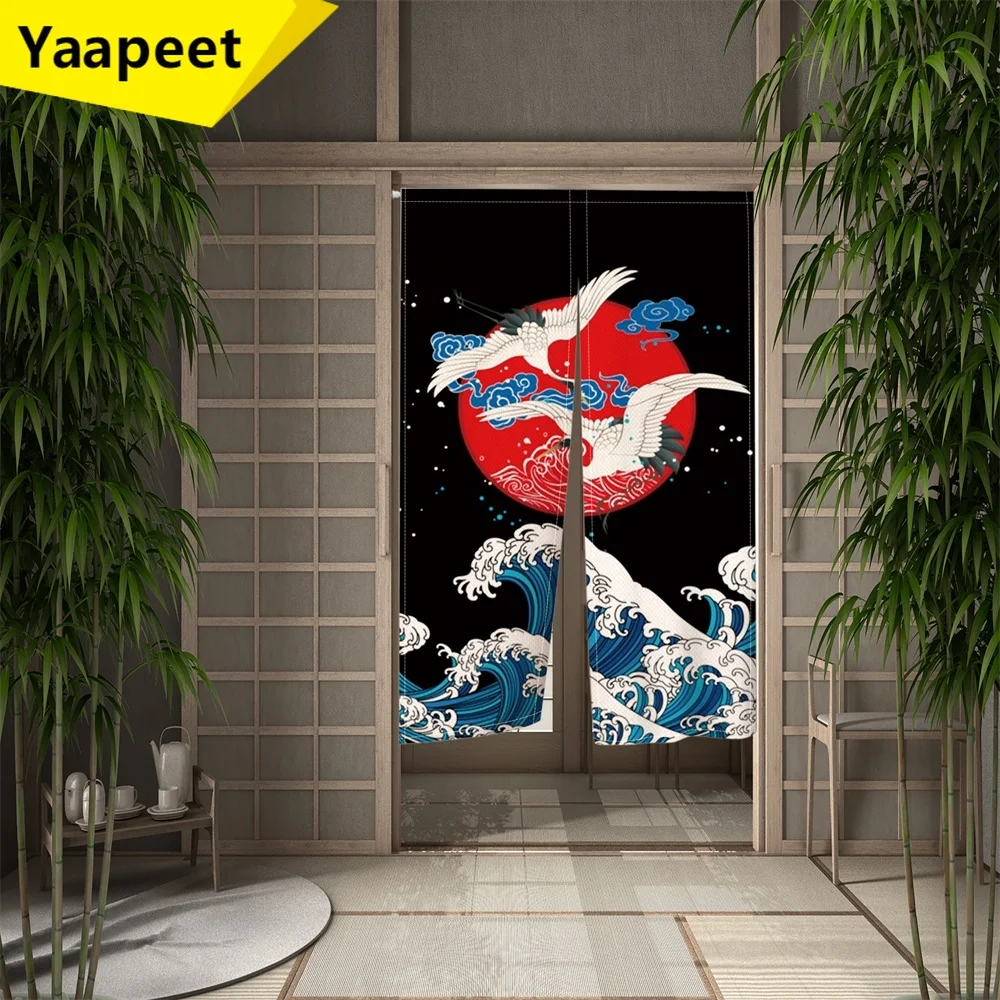 

Japanese Door Curtain Kitten Printed Partition Kitchen Doorway Cherry Blossoms Linen Decorative Drapes Cafe Restaurant Decor