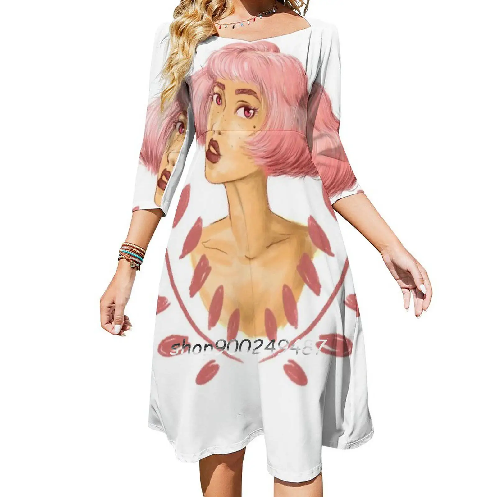 Женское розовое платье-колокол с квадратным вырезом