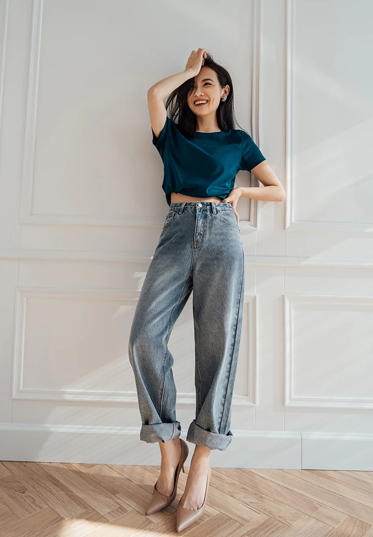 VS104000 Spring lady Casual high waist radish loose jeans women washed and aged denim trousers