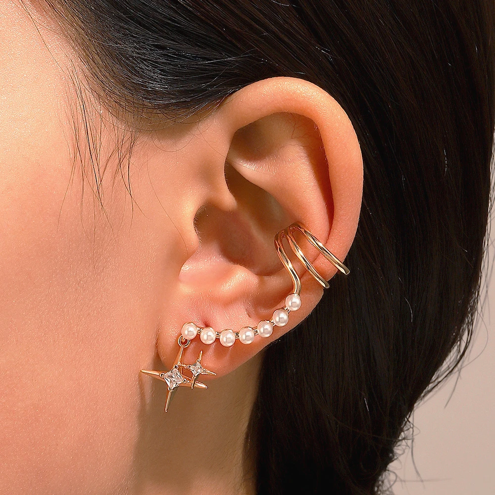 Купи 1Pc Pearl Ears Cuffs Earrings For Women Gold Color Fake Cartilage Y2k Ear Clip Awn Star Zircon Stud Earring Fashion Jewelry Gift за 65 рублей в магазине AliExpress