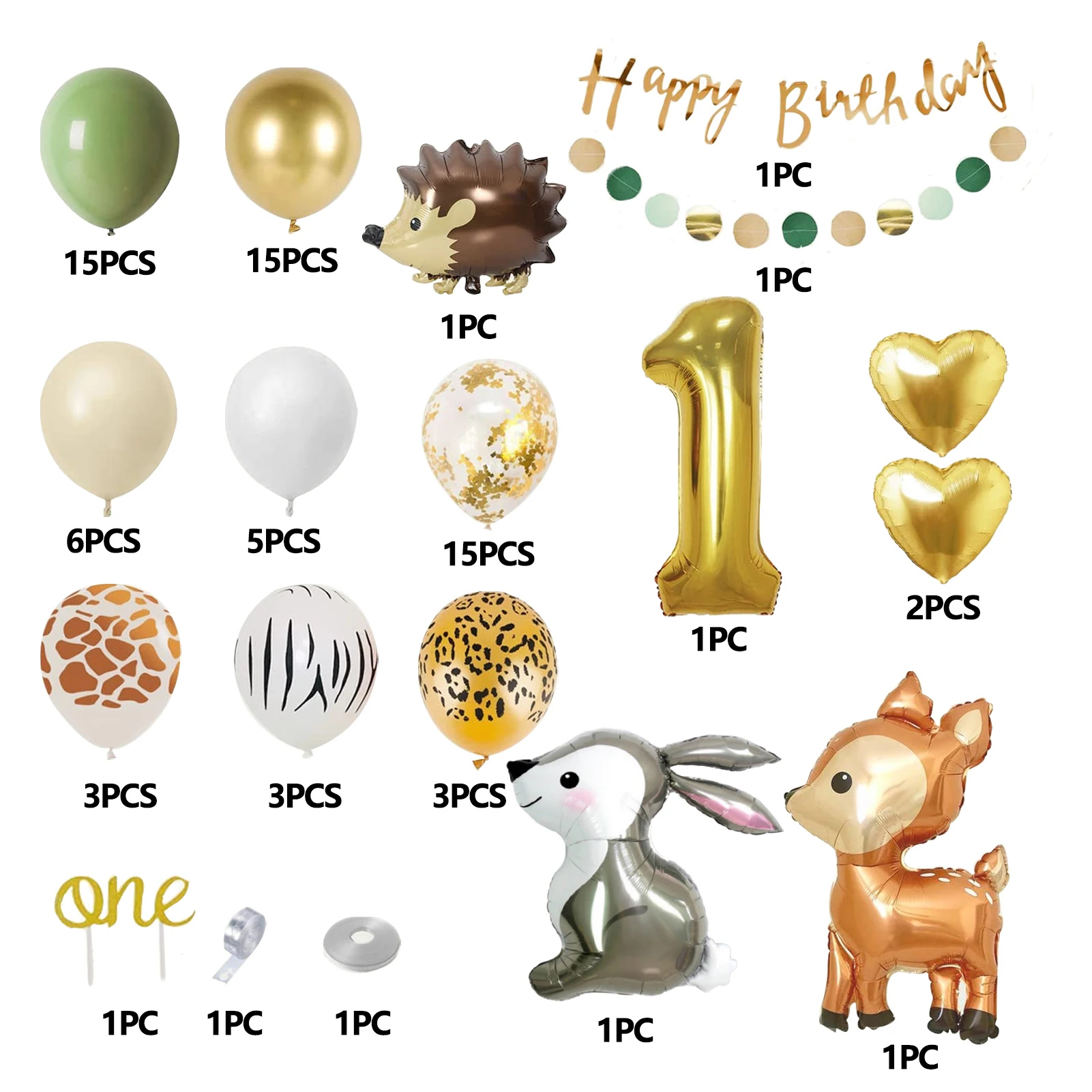 

1st Cake Topper Heart Shape Cute Happy Deer Rabbit Green Jungle Birthday Decoration Set Balloon Banner Boy Girl Hedgehog Special