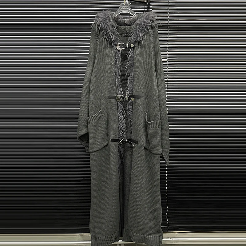 KBQ однотонный лоскутный вязаный свитер с перьями для женщин однобортный длинный